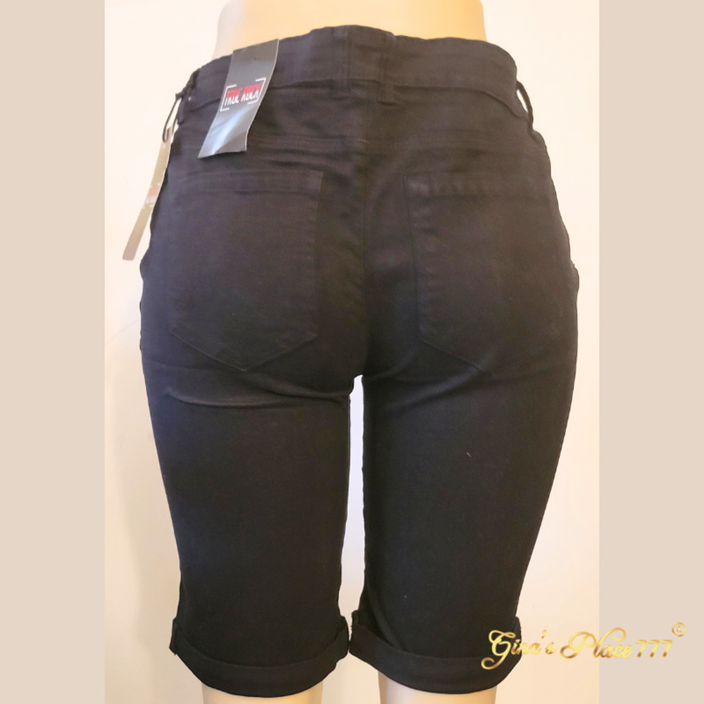 Womens True Rock Stretchy Knee Length 5 Pocket Design Cuffed Jeans Shorts Black